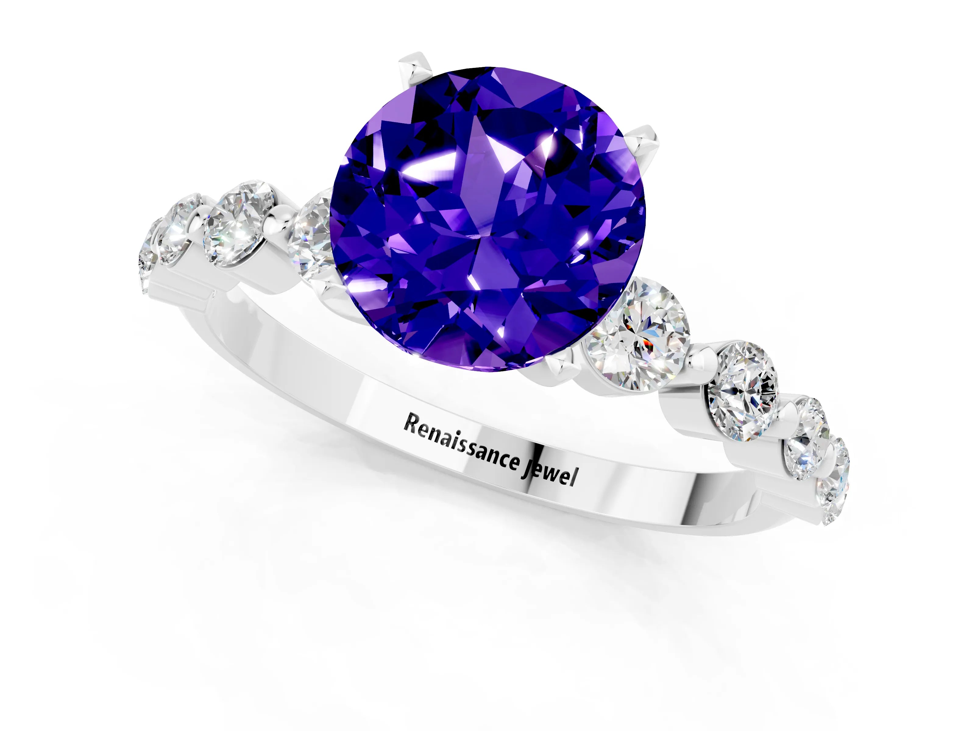 White gold Round Cut Solitaire Tanzanite Ring with Pave Band and Four-Prong Setting_1
