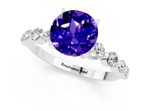 White gold Round Cut Solitaire Tanzanite Ring with Pave Band and Four-Prong Setting_1