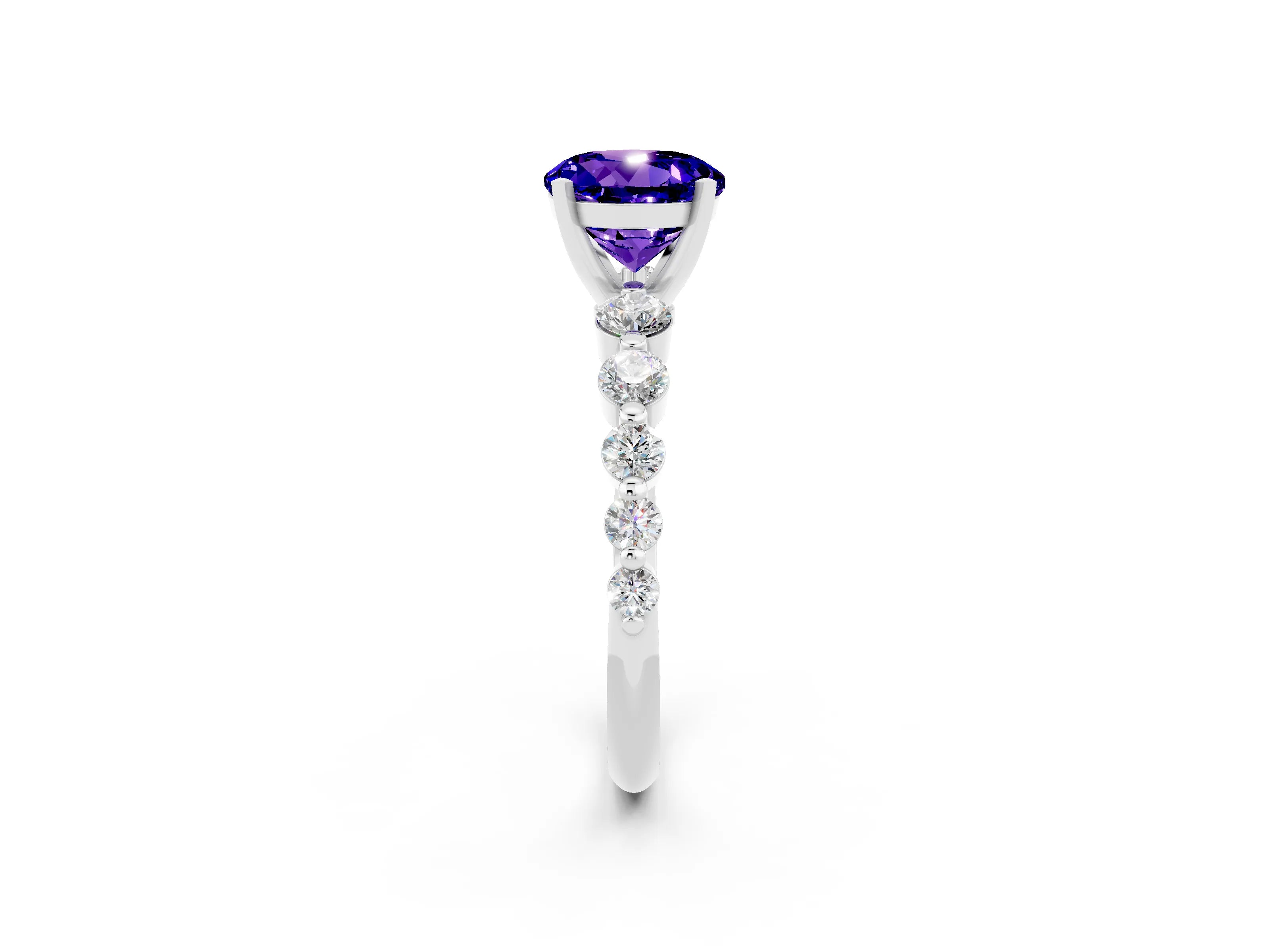White gold Round Cut Solitaire Tanzanite Ring with Pave Band and Four-Prong Setting_2