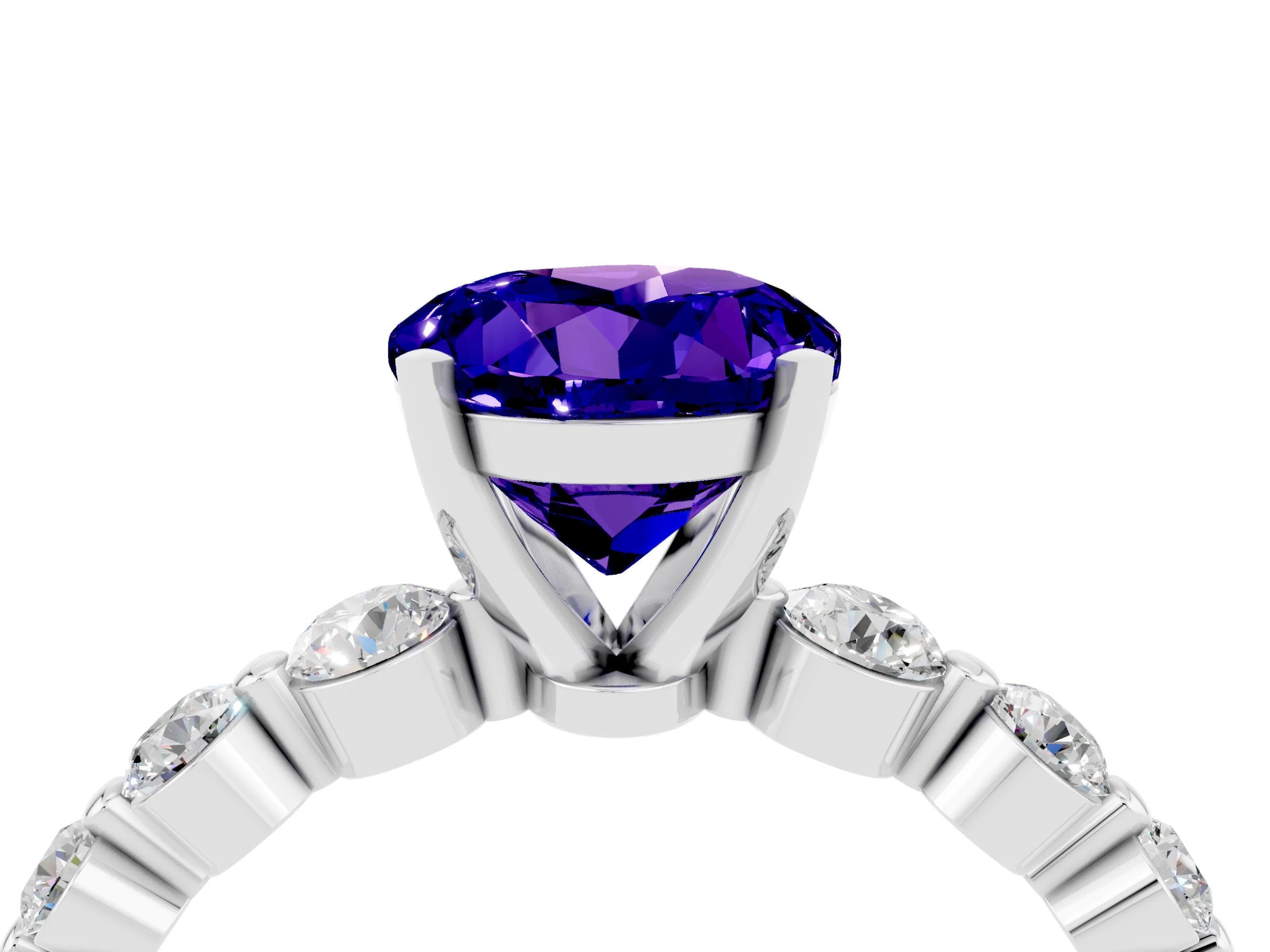 White gold Round Cut Solitaire Tanzanite Ring with Pave Band and Four-Prong Setting_4