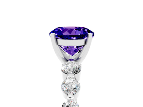 White gold Round Cut Solitaire Tanzanite Ring with Pave Band and Four-Prong Setting_5