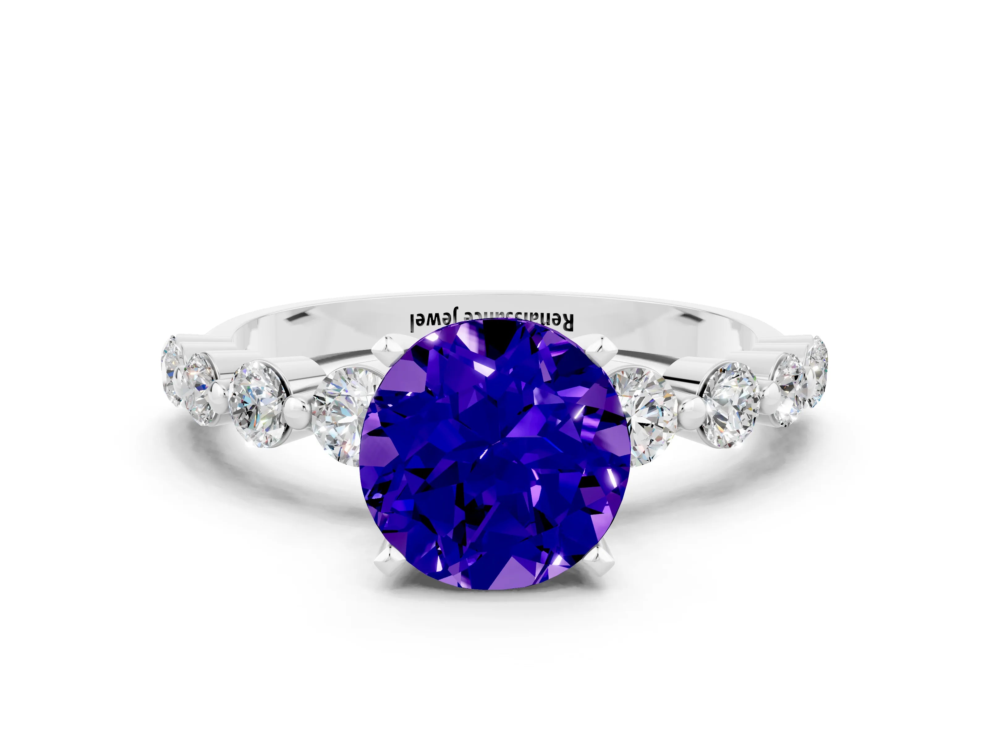 White gold Round Cut Solitaire Tanzanite Ring with Pave Band and Four-Prong Setting