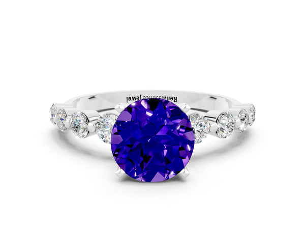 White gold Round Cut Solitaire Tanzanite Ring with Pave Band and Four-Prong Setting