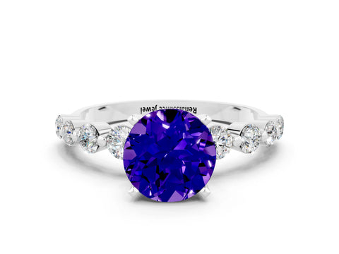 White gold Round Cut Solitaire Tanzanite Ring with Pave Band and Four-Prong Setting