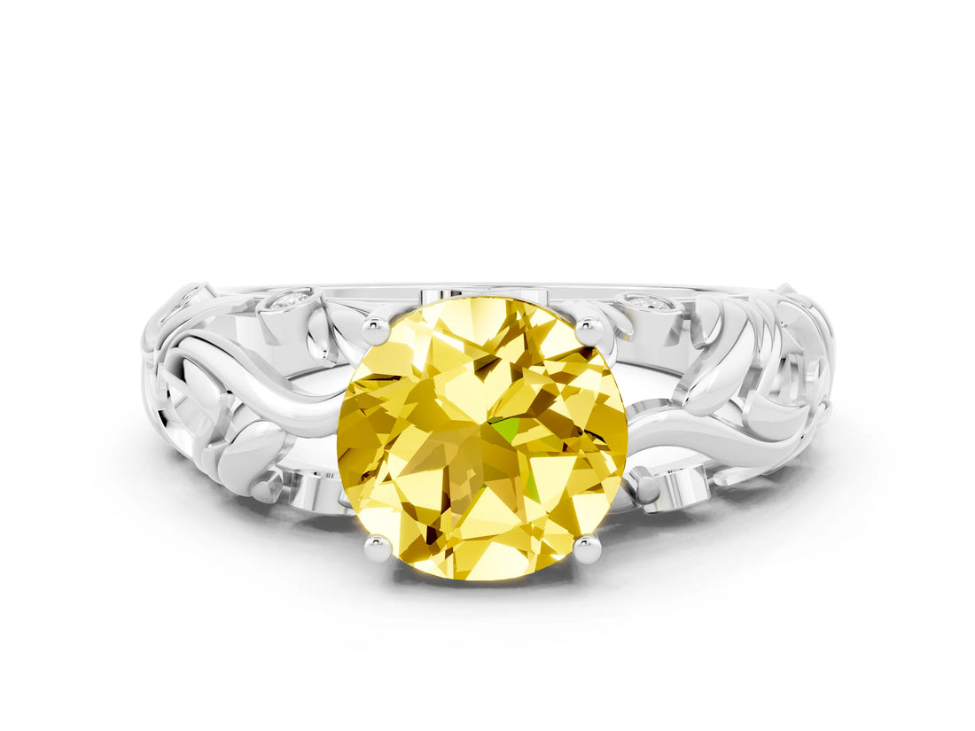 White gold Round Cut Solitaire Yellow Sapphire Leaf-Inspired Vine Band Ring with Prong Setting_24