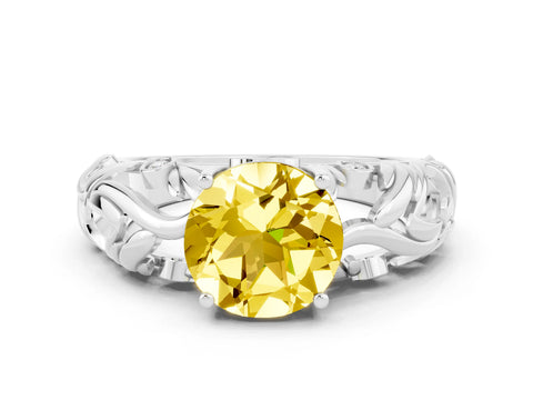 White gold Round Cut Solitaire Yellow Sapphire Leaf-Inspired Vine Band Ring with Prong Setting_24