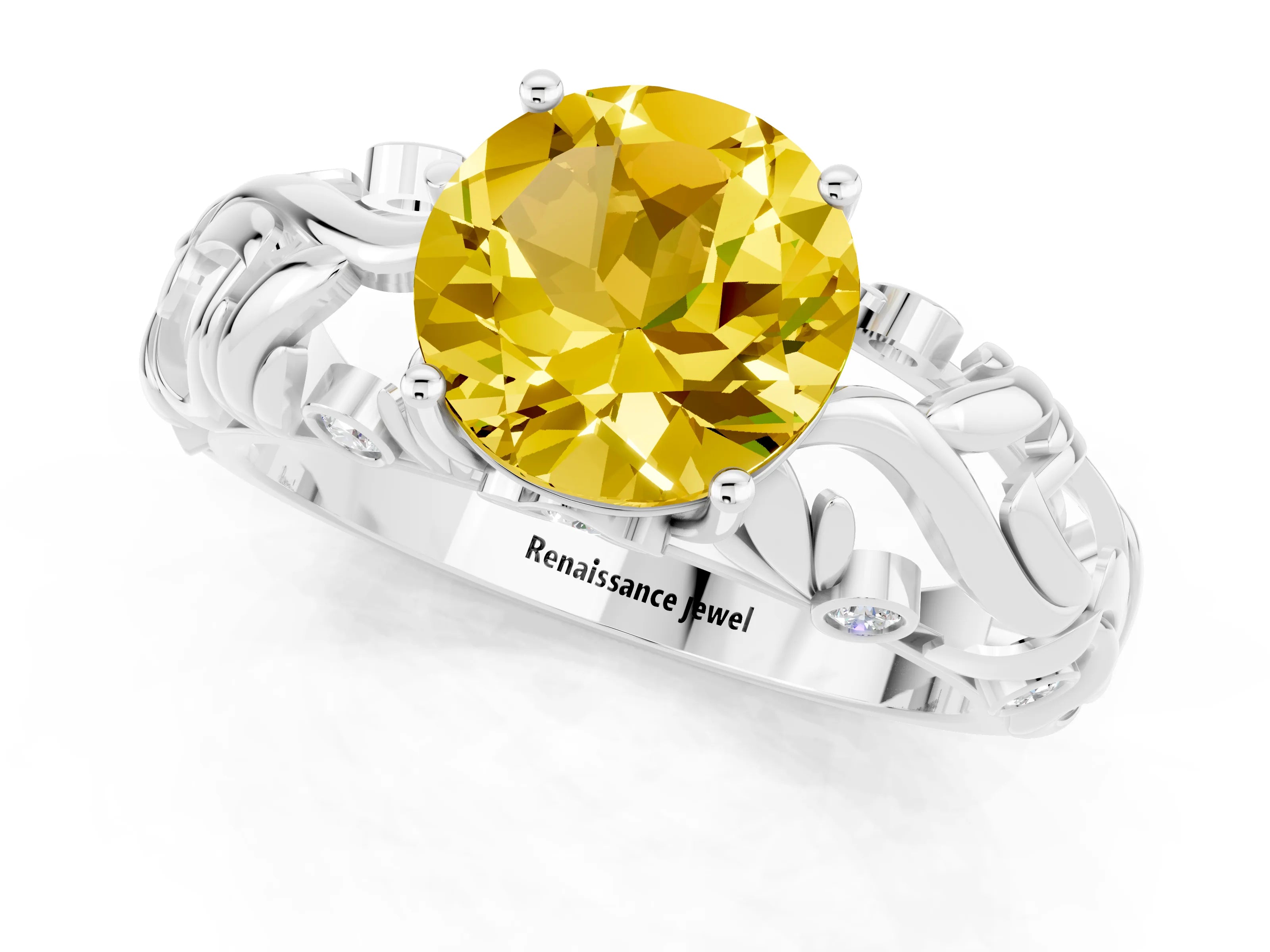 White gold Round Cut Solitaire Yellow Sapphire Leaf-Inspired Vine Band Ring with Prong Setting_25