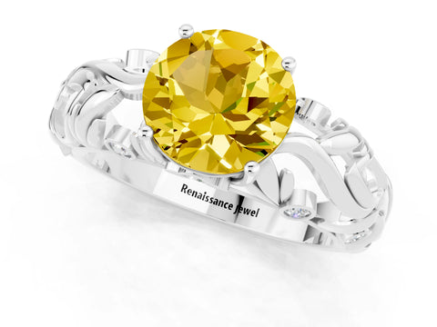 White gold Round Cut Solitaire Yellow Sapphire Leaf-Inspired Vine Band Ring with Prong Setting_25