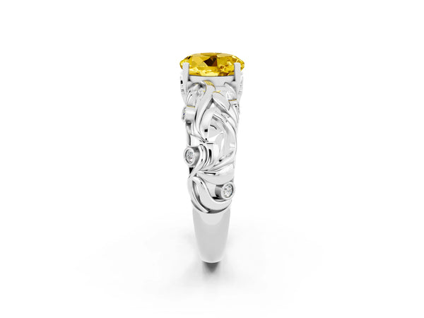 Silver Round Cut Solitaire Yellow Sapphire Leaf-Inspired Vine Band Ring with Prong Setting