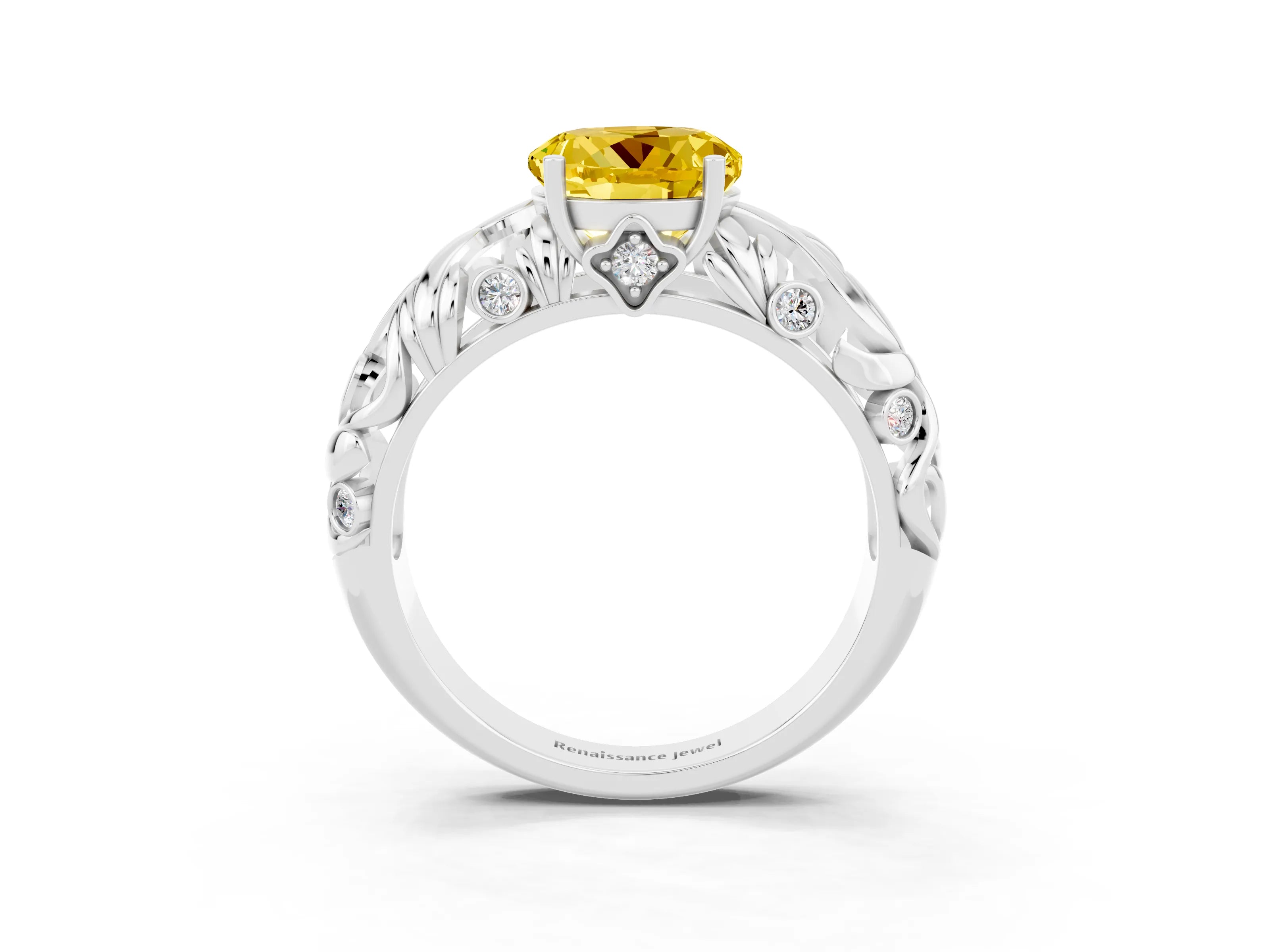 White gold Round Cut Solitaire Yellow Sapphire Leaf-Inspired Vine Band Ring with Prong Setting_27