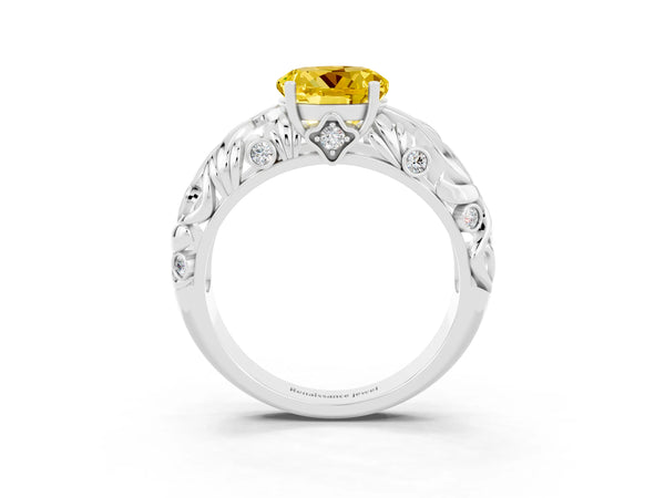 Silver Round Cut Solitaire Yellow Sapphire Leaf-Inspired Vine Band Ring with Prong Setting