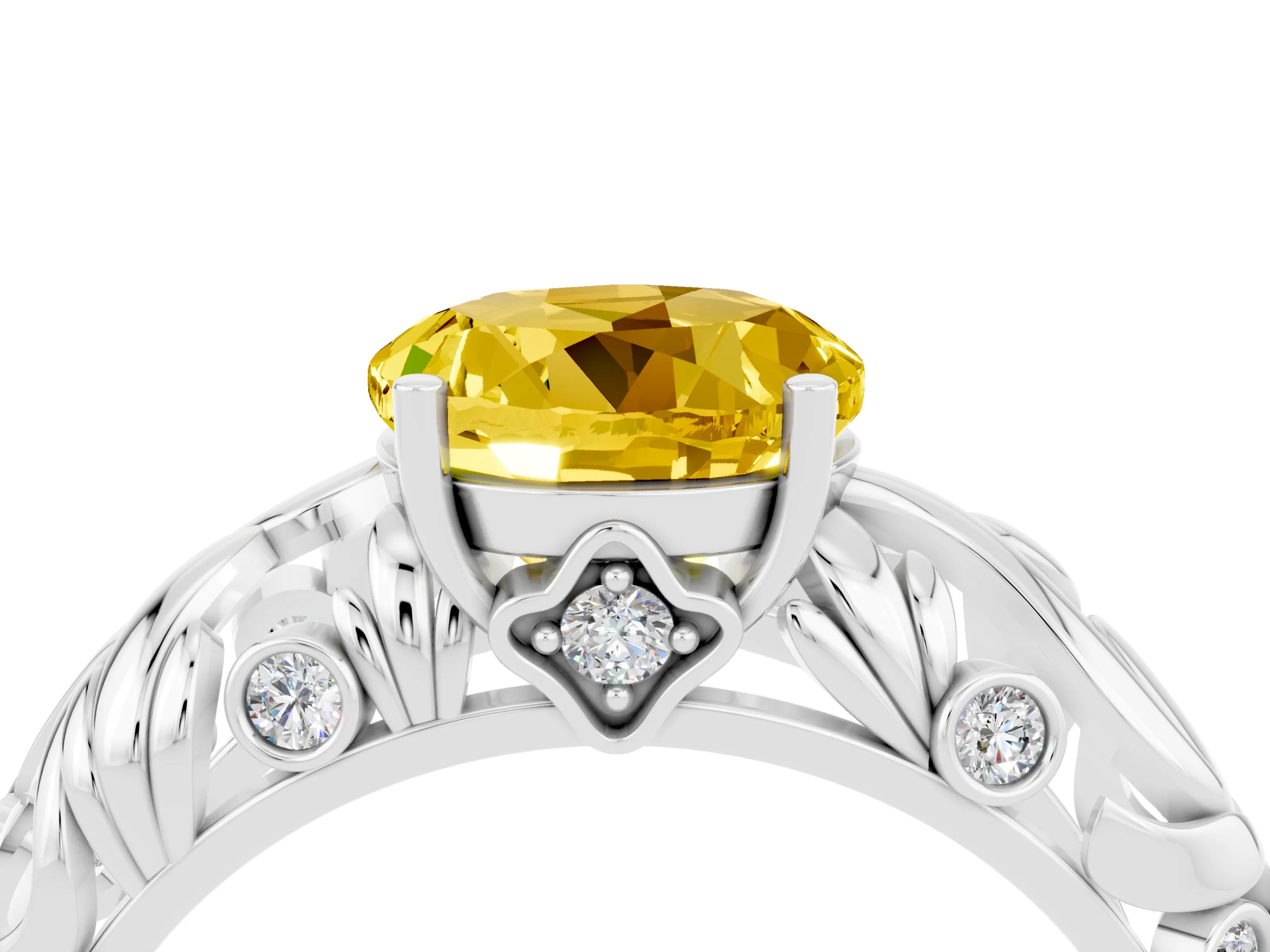 White gold Round Cut Solitaire Yellow Sapphire Leaf-Inspired Vine Band Ring with Prong Setting_28