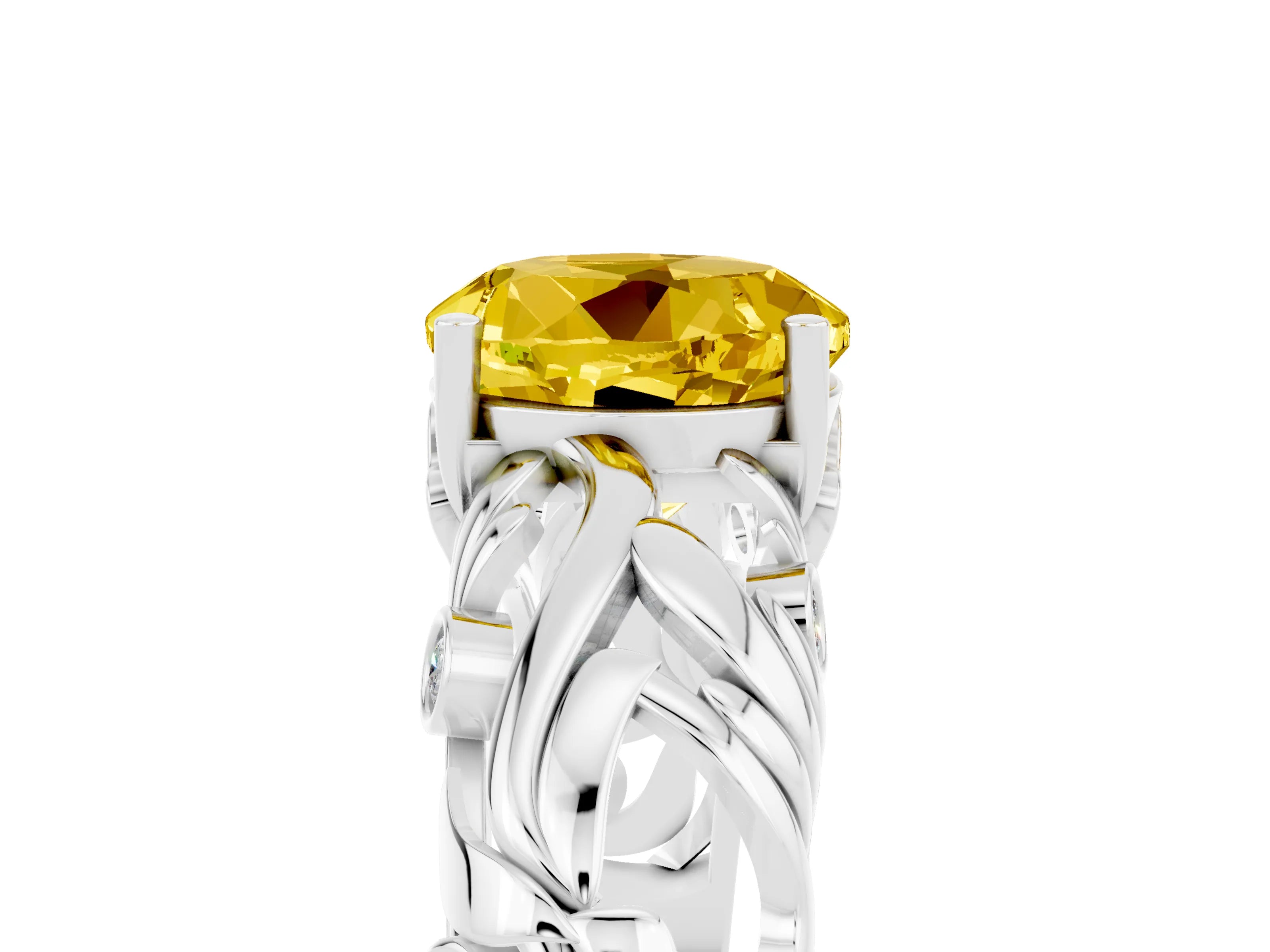 White gold Round Cut Solitaire Yellow Sapphire Leaf-Inspired Vine Band Ring with Prong Setting_29