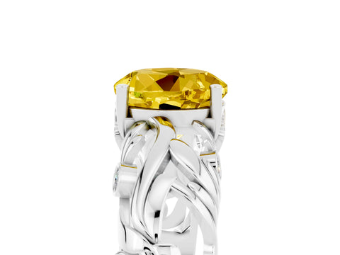White gold Round Cut Solitaire Yellow Sapphire Leaf-Inspired Vine Band Ring with Prong Setting_29