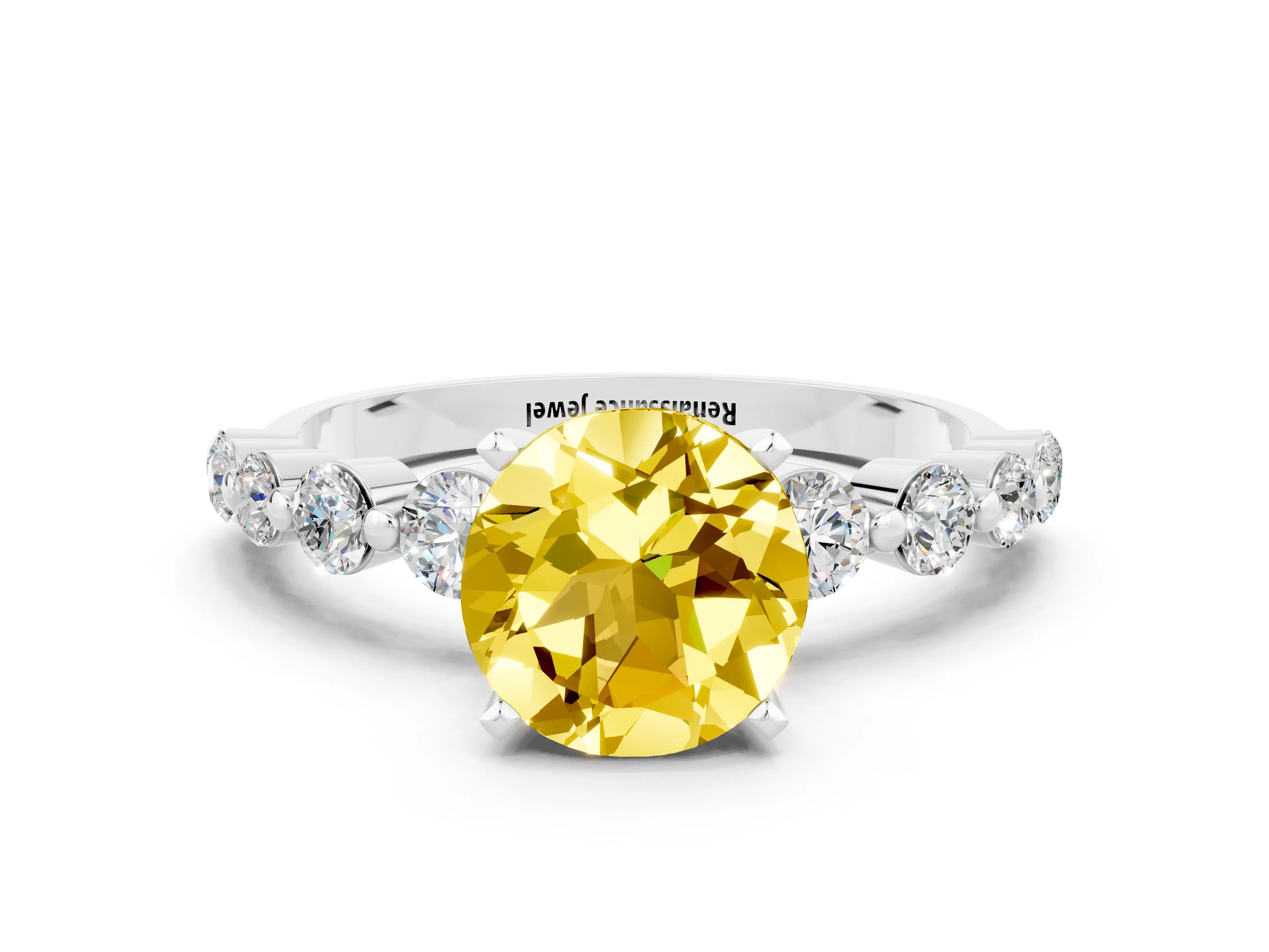 White gold Round Cut Solitaire Yellow Sapphire Ring with Pave Band and Four-Prong Setting_24