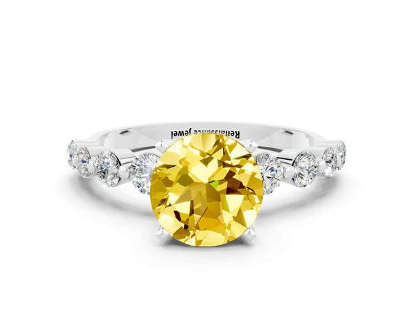 Silver Round Cut Solitaire Yellow Sapphire Ring with Pave Band and Four-Prong Setting