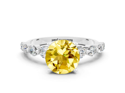 White gold Round Cut Solitaire Yellow Sapphire Ring with Pave Band and Four-Prong Setting_24