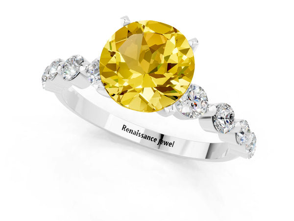 Silver Round Cut Solitaire Yellow Sapphire Ring with Pave Band and Four-Prong Setting