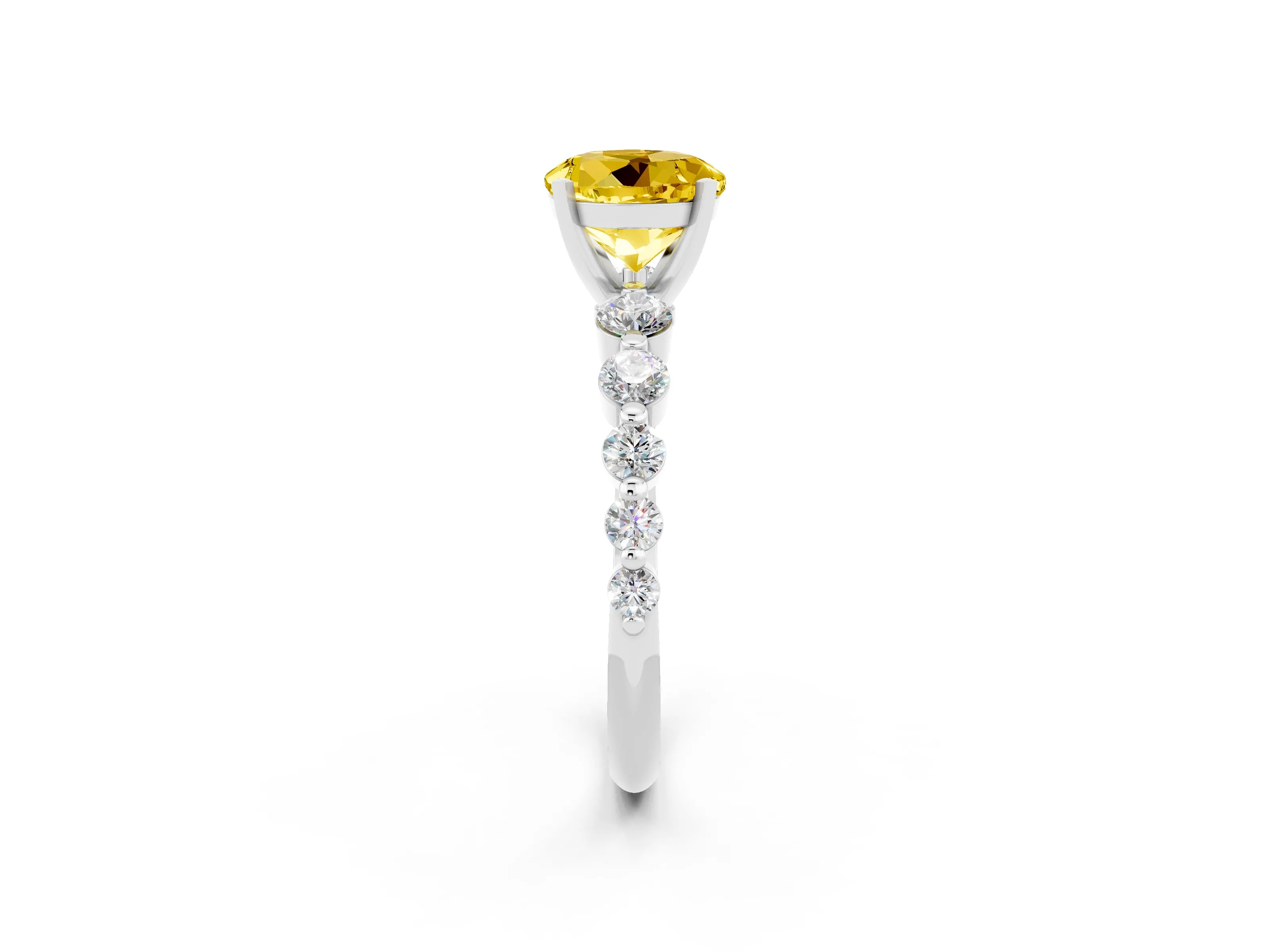 White gold Round Cut Solitaire Yellow Sapphire Ring with Pave Band and Four-Prong Setting_26