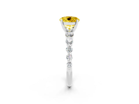 White gold Round Cut Solitaire Yellow Sapphire Ring with Pave Band and Four-Prong Setting_26