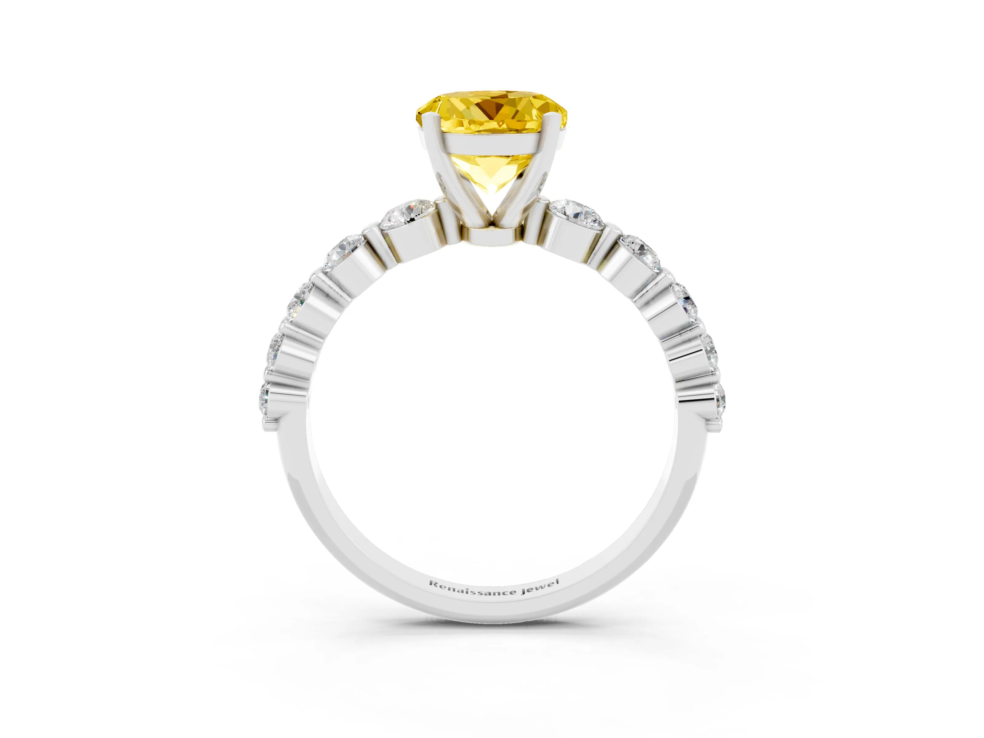 White gold Round Cut Solitaire Yellow Sapphire Ring with Pave Band and Four-Prong Setting_27