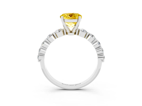 Platinum Round Cut Solitaire Yellow Sapphire Ring with Pave Band and Four-Prong Setting