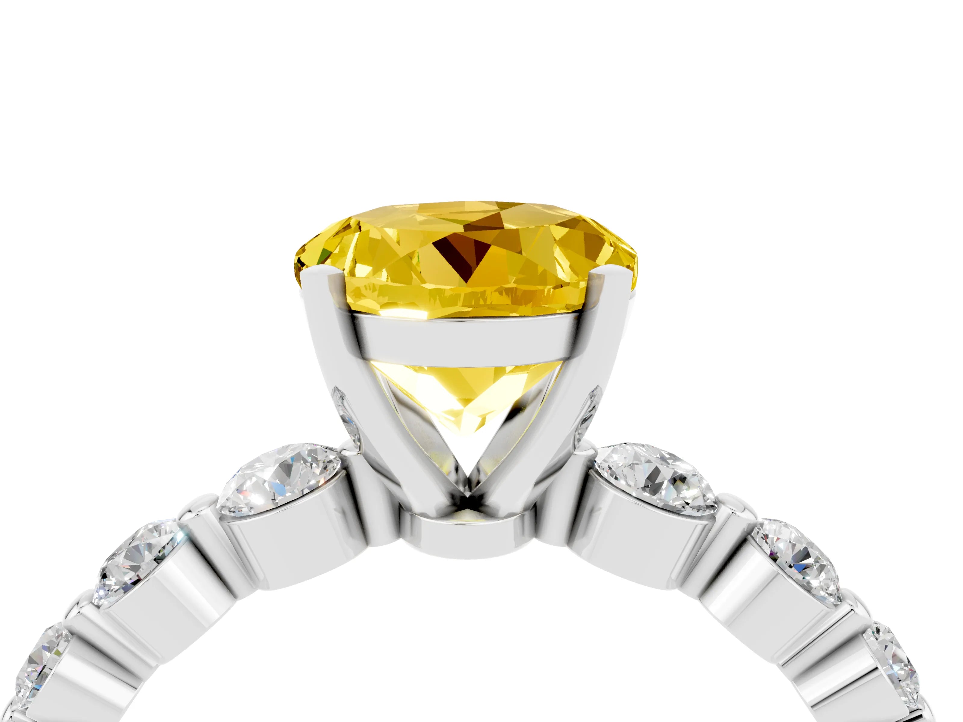 White gold Round Cut Solitaire Yellow Sapphire Ring with Pave Band and Four-Prong Setting_28