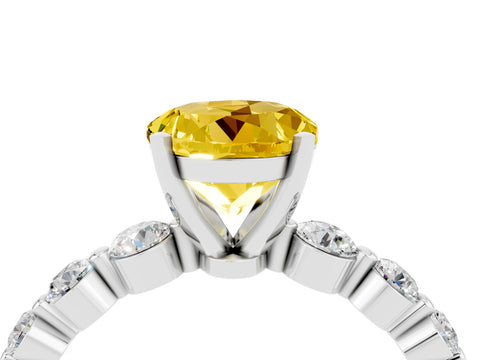 White gold Round Cut Solitaire Yellow Sapphire Ring with Pave Band and Four-Prong Setting_28