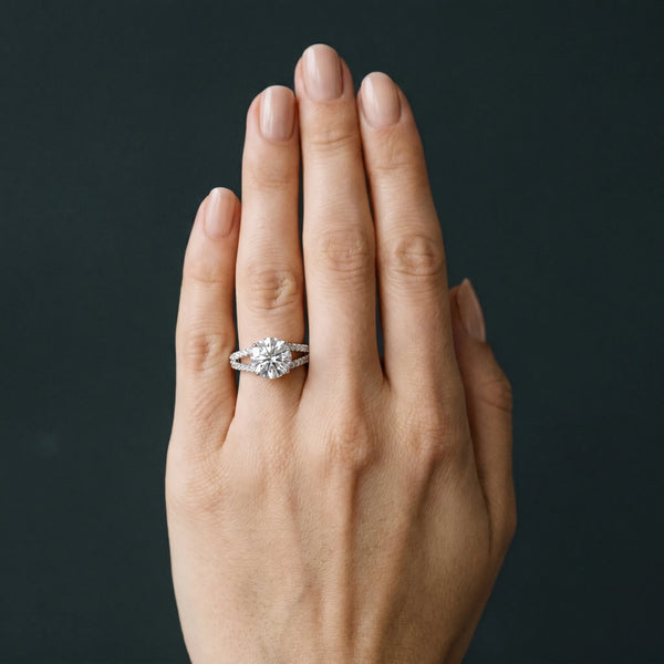 White gold Round Cut Split Shank Pave Diamond Engagement Ring with Four-Prong Setting