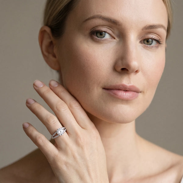 White gold Round Cut Split Shank Pave Diamond Engagement Ring with Four-Prong Setting