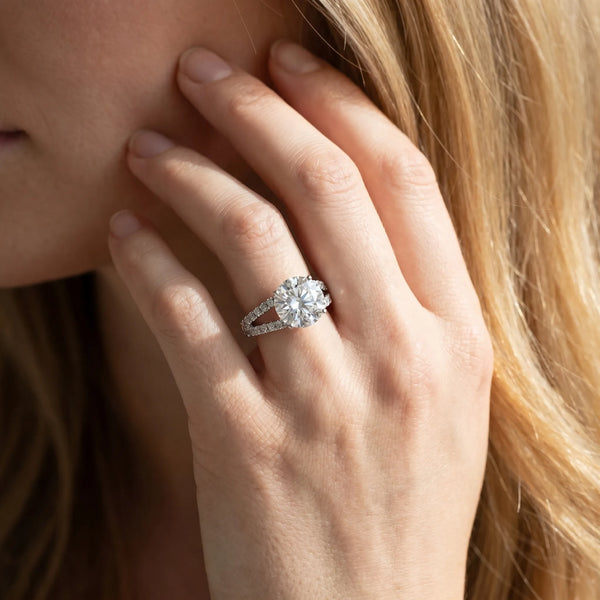 White gold Round Cut Split Shank Pave Diamond Engagement Ring with Four-Prong Setting