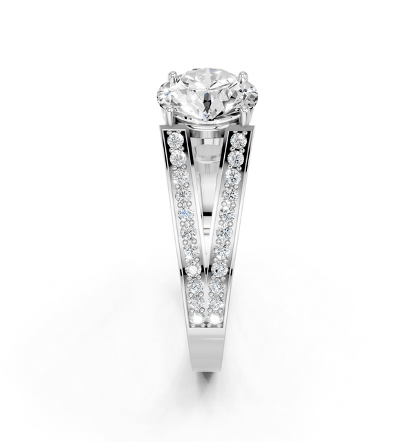 10K White Gold 3.05 Carat E VVS2 Round Cut Split Shank Pave Diamond Ring with Four-Prong Setting
