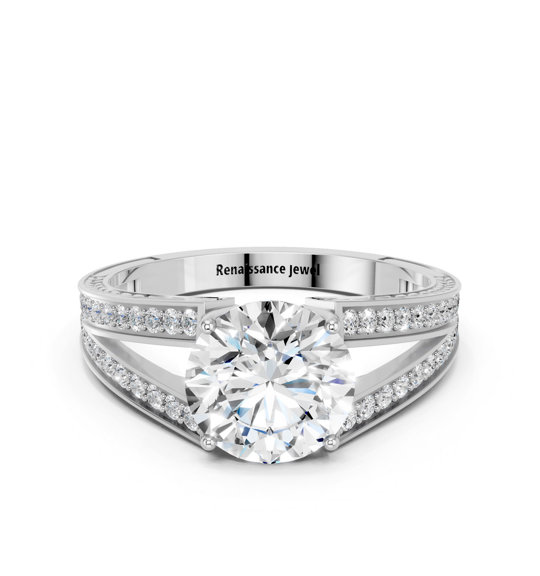 10K White Gold 3.05 Carat E VVS2 Round Cut Split Shank Pave Diamond Ring with Four-Prong Setting