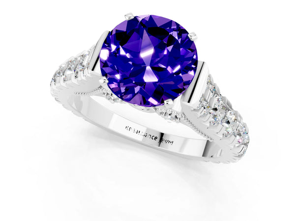White gold Round Cut Tanzanite Classic Solitaire Ring with Pavé Band and Four-Prong Setting