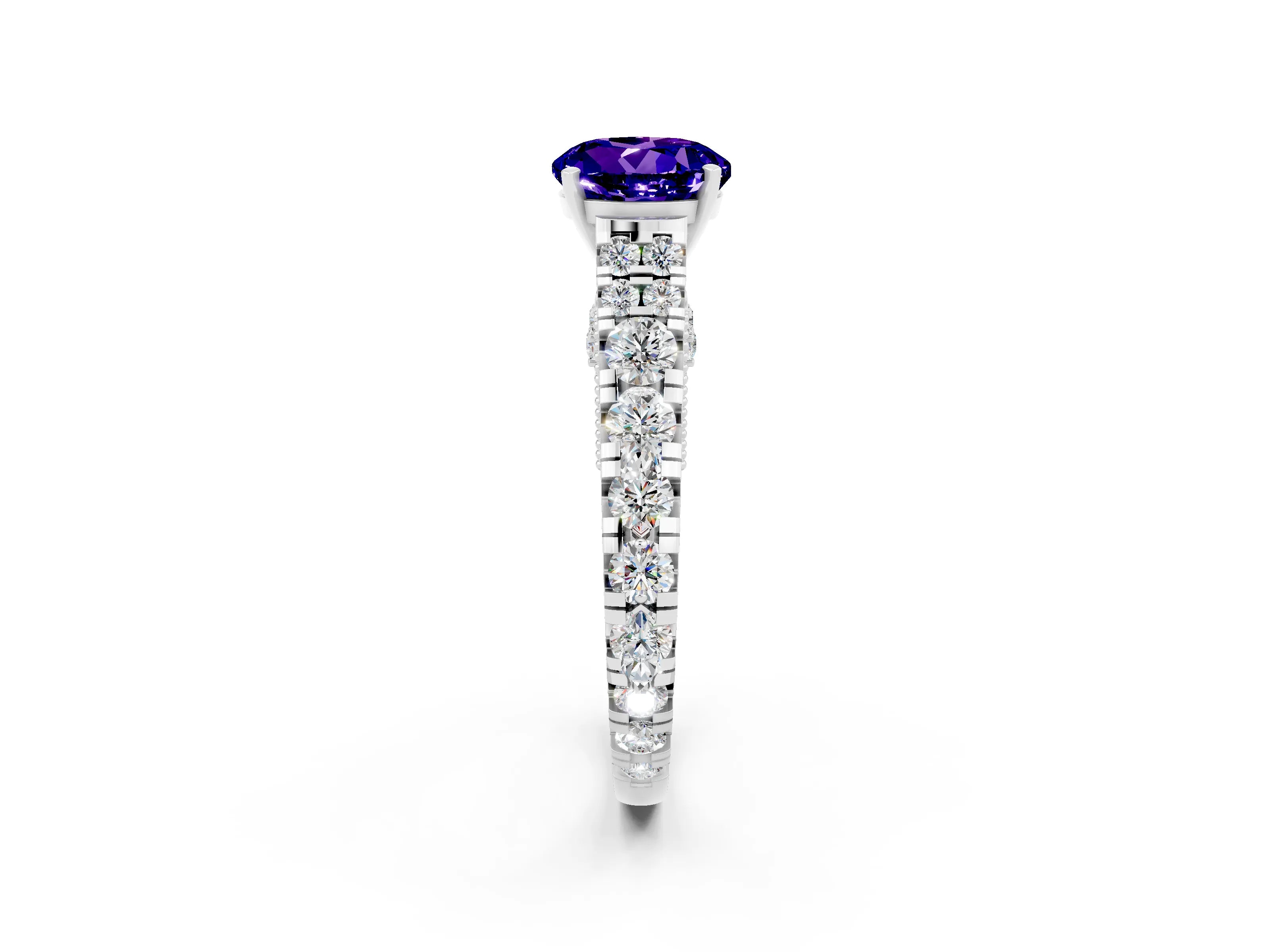 White gold Round Cut Tanzanite Classic Solitaire Ring with Pavé Band and Four-Prong Setting_2
