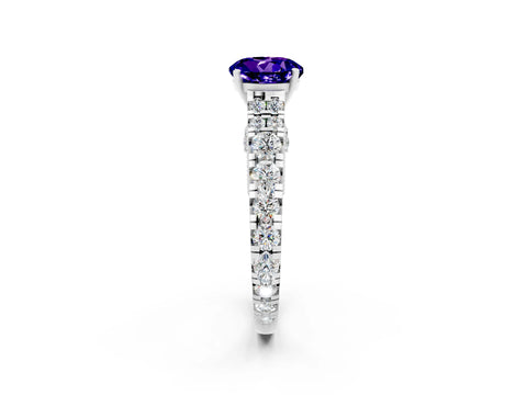 White gold Round Cut Tanzanite Classic Solitaire Ring with Pavé Band and Four-Prong Setting_2