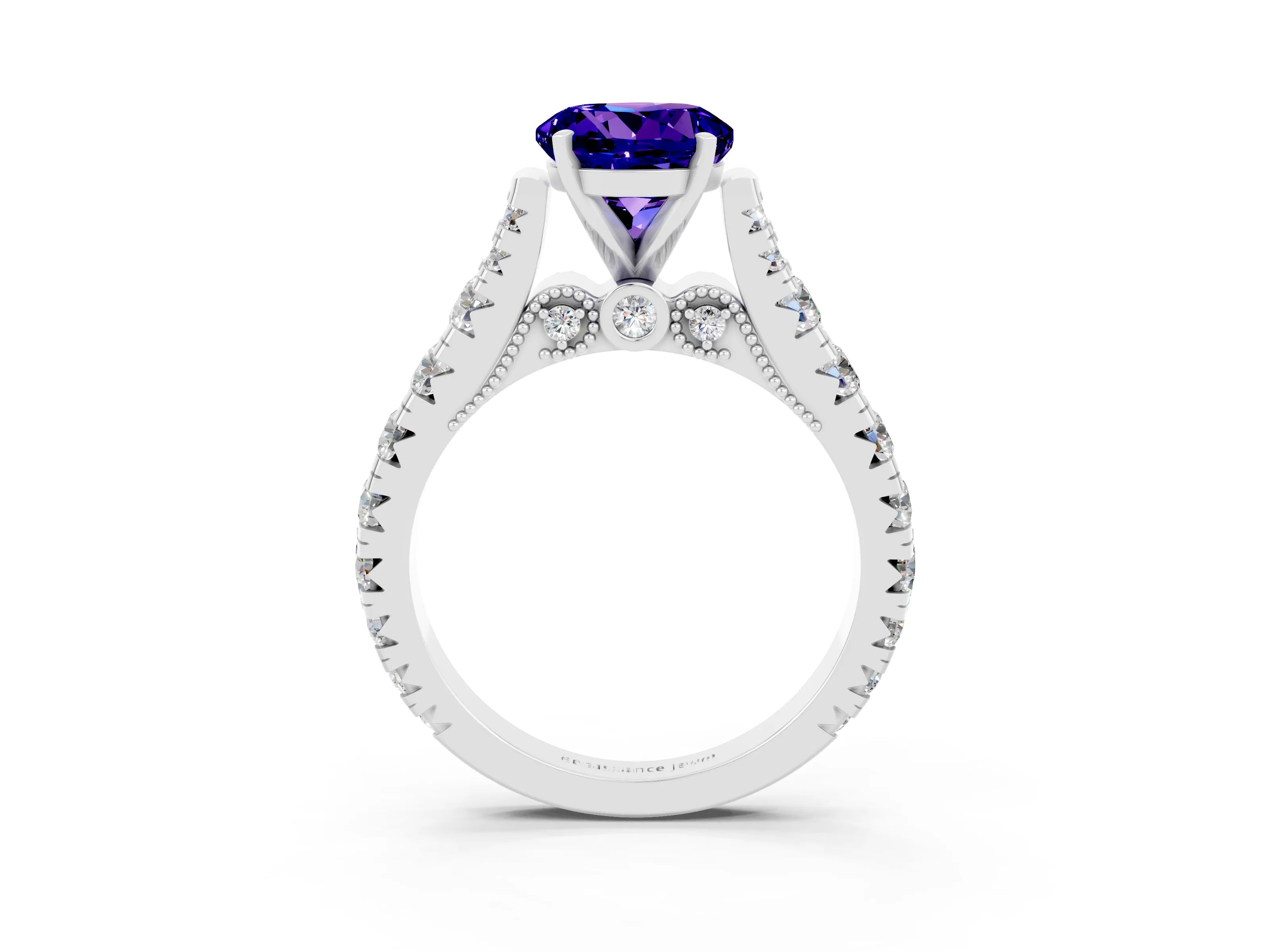 White gold Round Cut Tanzanite Classic Solitaire Ring with Pavé Band and Four-Prong Setting_3