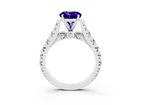 Silver Round Cut Tanzanite Classic Solitaire Ring with Pavé Band and Four-Prong Setting