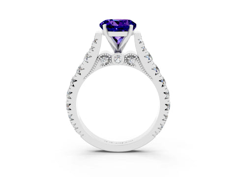 White gold Round Cut Tanzanite Classic Solitaire Ring with Pavé Band and Four-Prong Setting_3