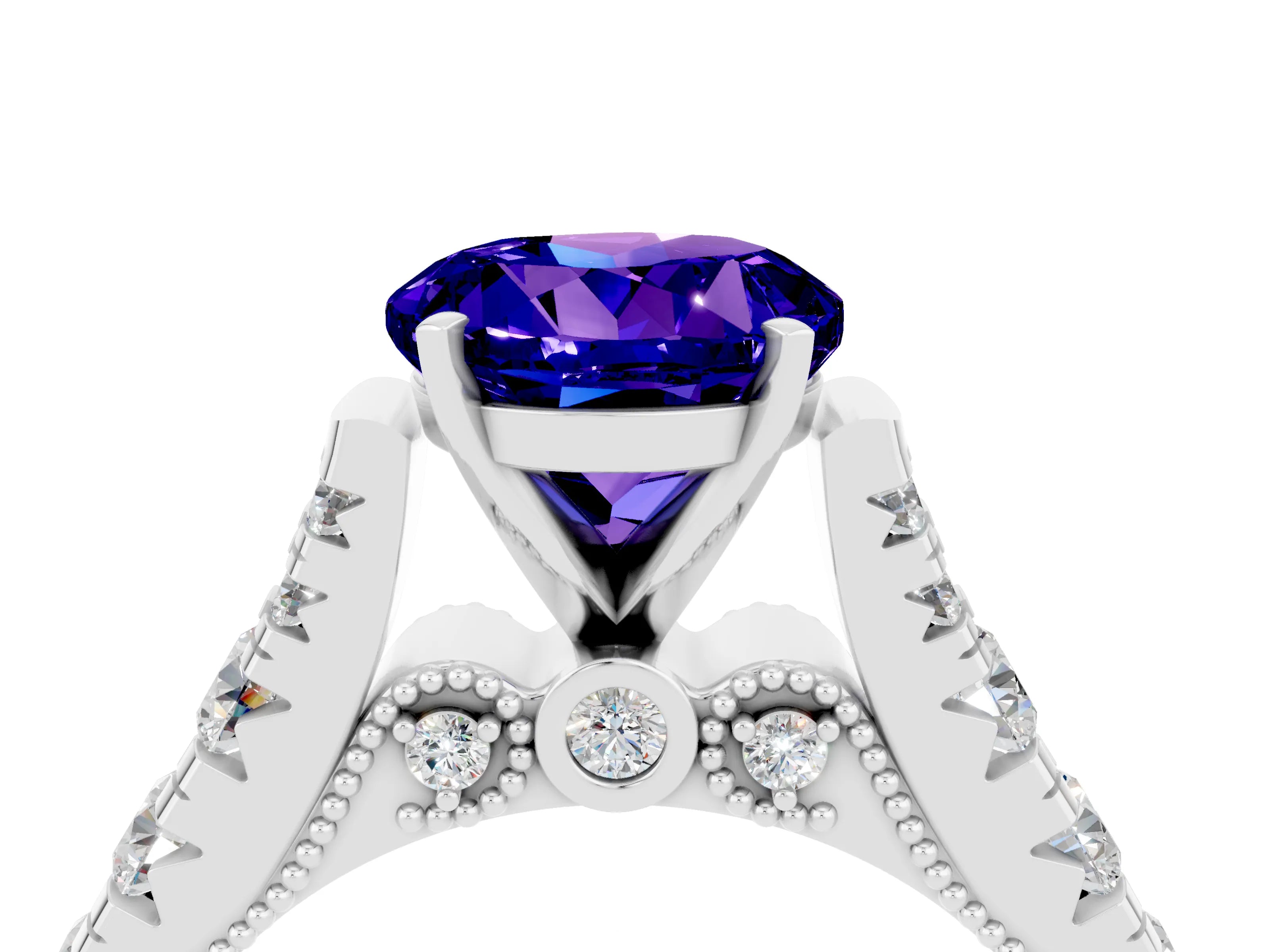 White gold Round Cut Tanzanite Classic Solitaire Ring with Pavé Band and Four-Prong Setting_4