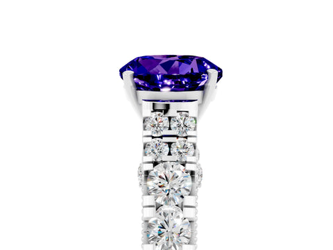 White gold Round Cut Tanzanite Classic Solitaire Ring with Pavé Band and Four-Prong Setting_5