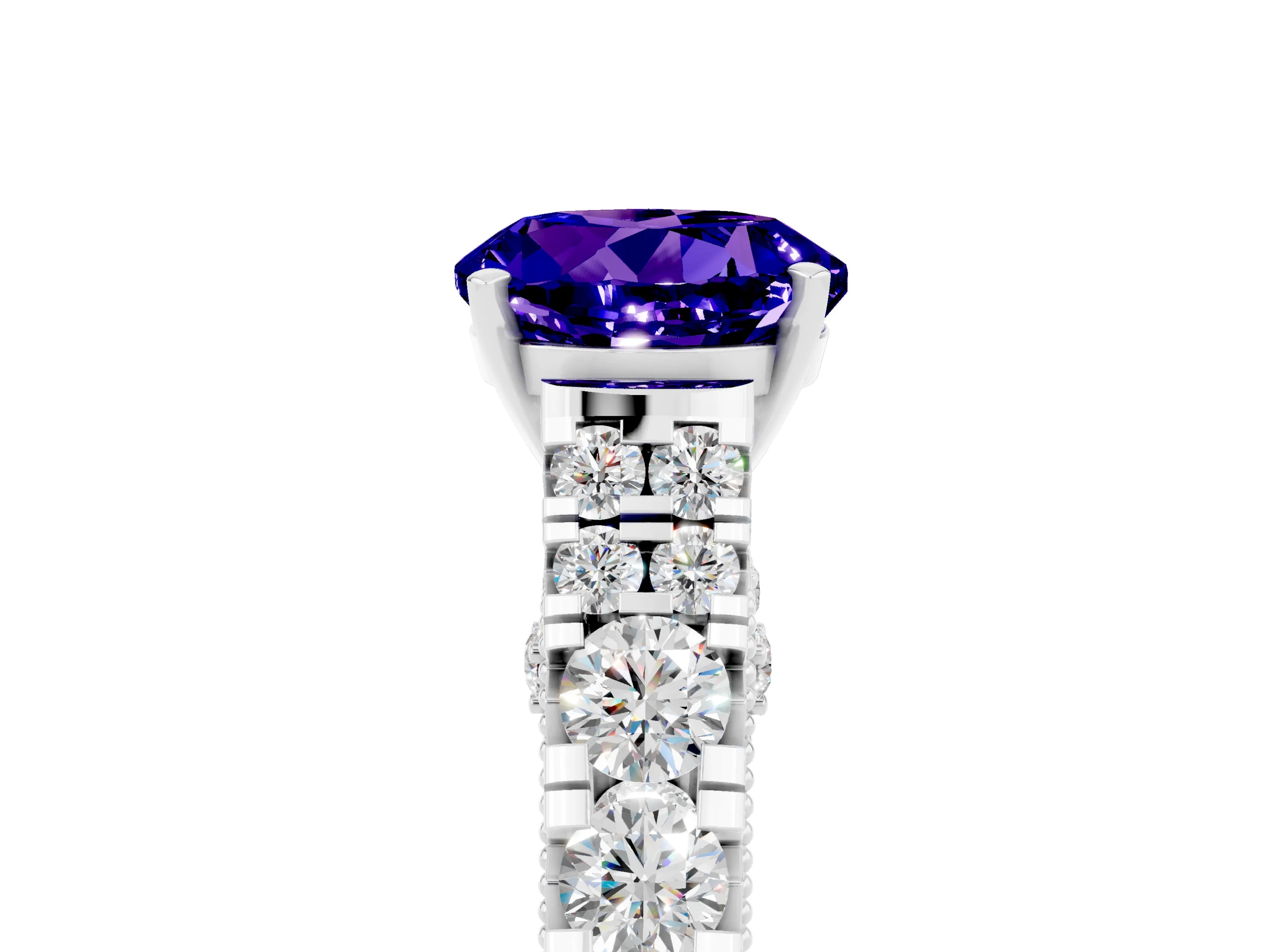 White gold Round Cut Tanzanite Classic Solitaire Ring with Pavé Band and Four-Prong Setting_5