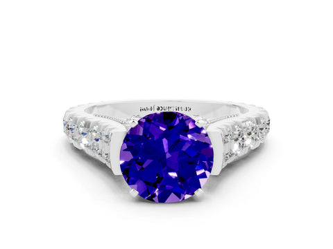 White gold Round Cut Tanzanite Classic Solitaire Ring with Pavé Band and Four-Prong Setting