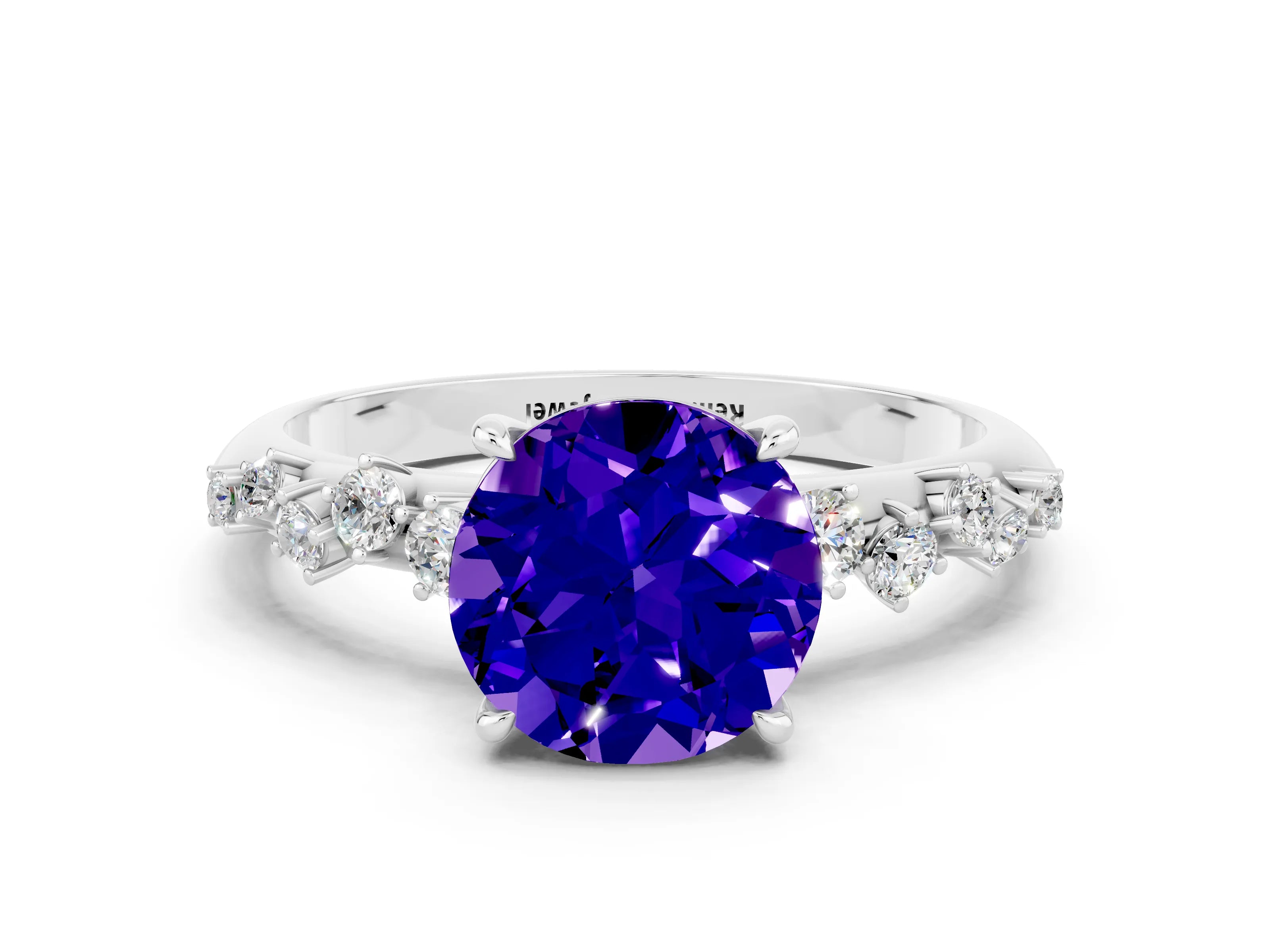 White gold Round Cut Tanzanite Cluster Side Stone Solitaire Ring with Prong Setting_24