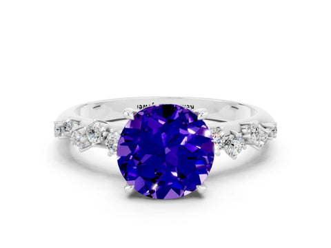 White gold Round Cut Tanzanite Cluster Side Stone Solitaire Ring with Prong Setting_24