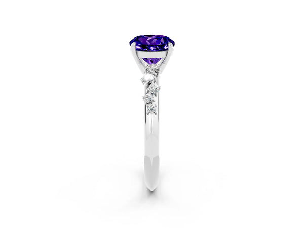 Platinum Round Cut Tanzanite Cluster Side Stone Solitaire Ring with Prong Setting