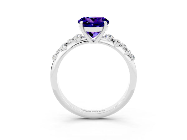 Platinum Round Cut Tanzanite Cluster Side Stone Solitaire Ring with Prong Setting