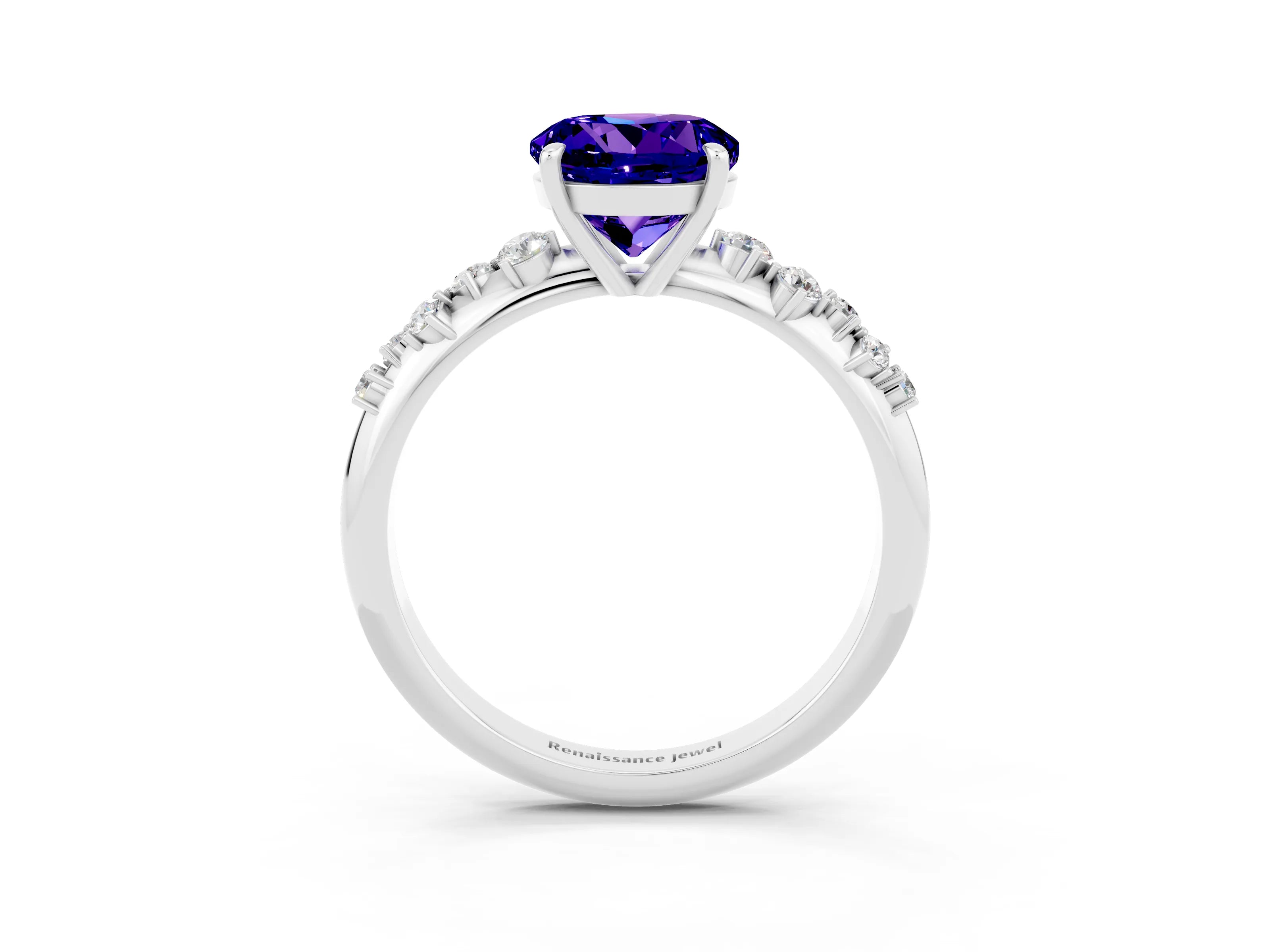 White gold Round Cut Tanzanite Cluster Side Stone Solitaire Ring with Prong Setting_27