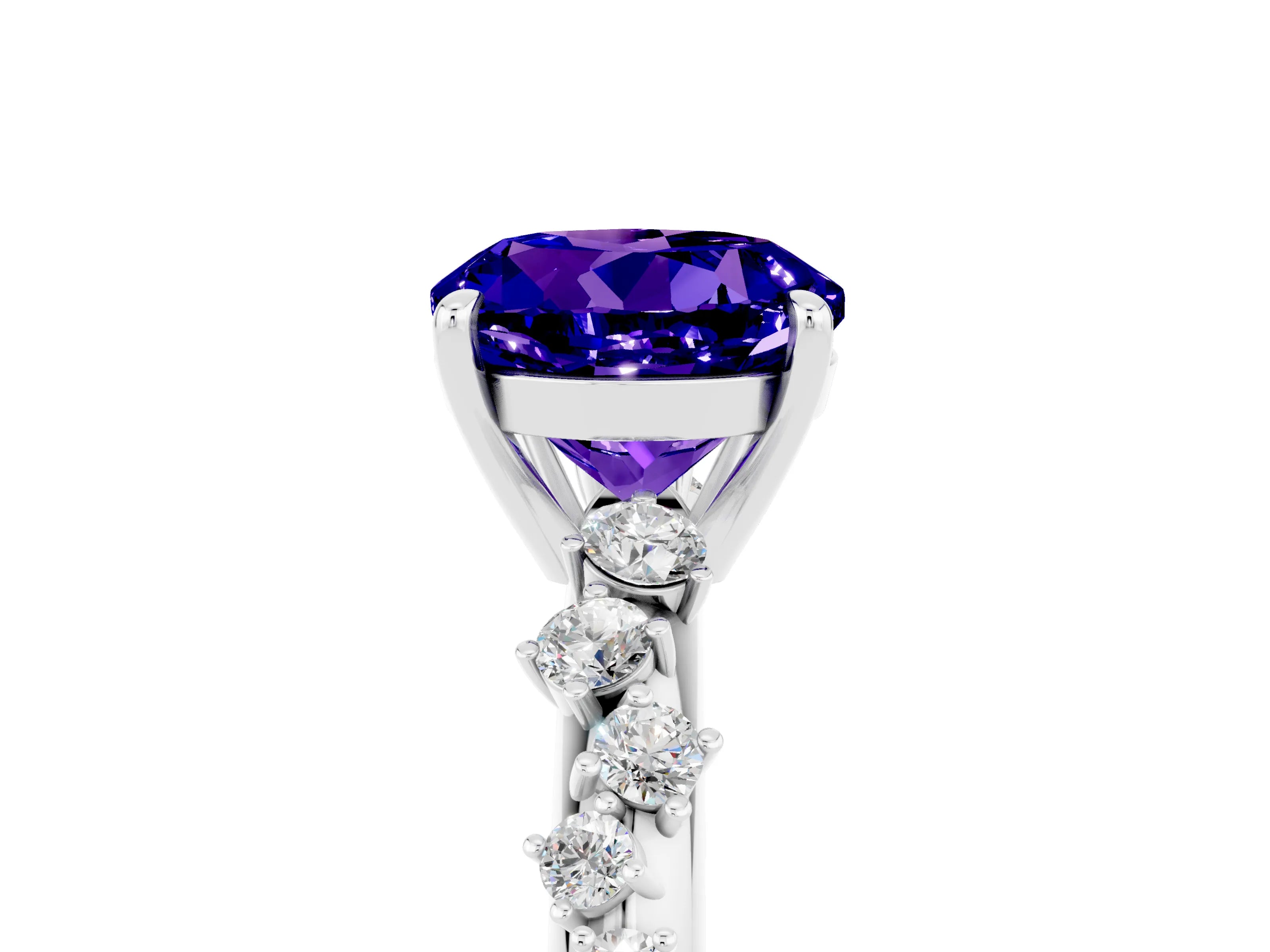 White gold Round Cut Tanzanite Cluster Side Stone Solitaire Ring with Prong Setting_29