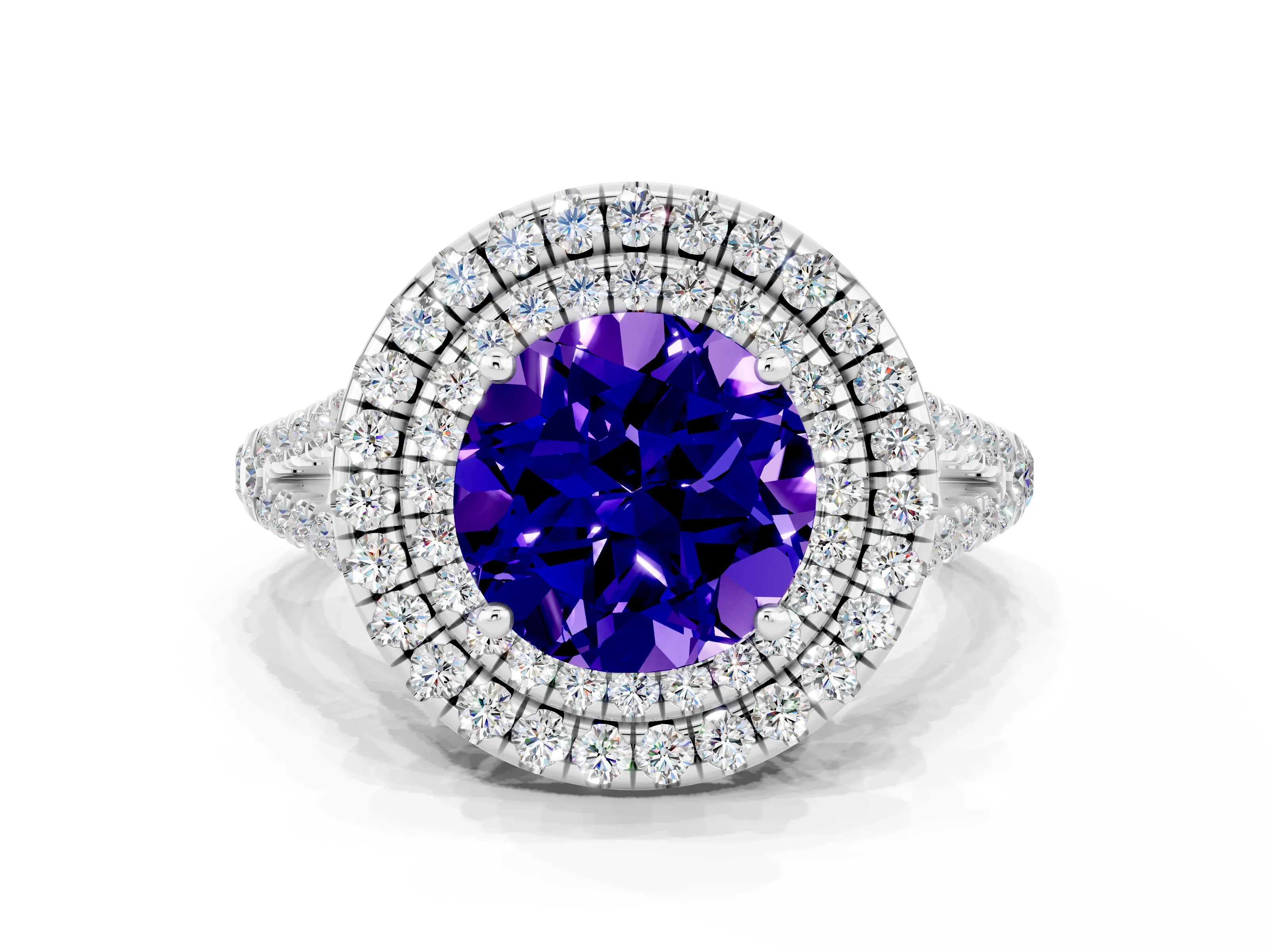 White gold Round Cut Tanzanite Double Halo Ring with Pavé Band and Prong Setting_12